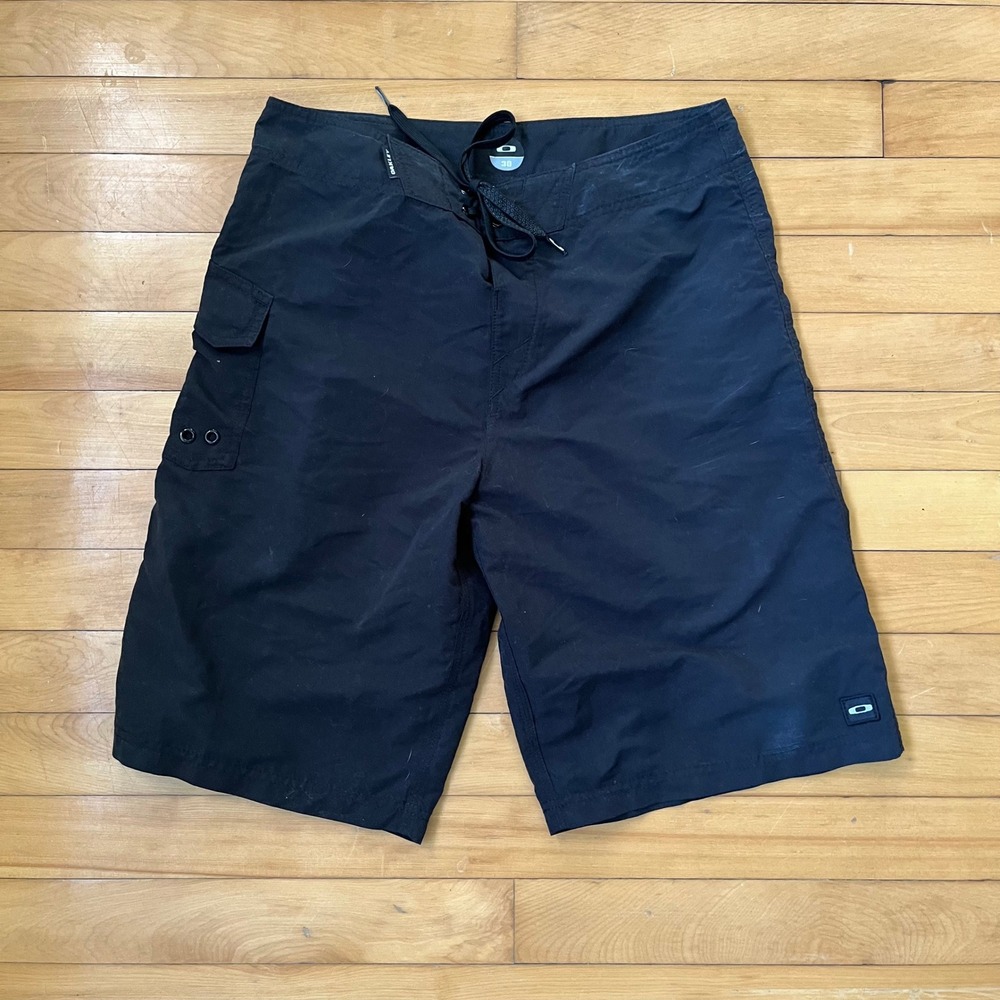 Oakley Mens Black Board Shorts Size 30 Cargo Pocket Lace Up Swim Trunks